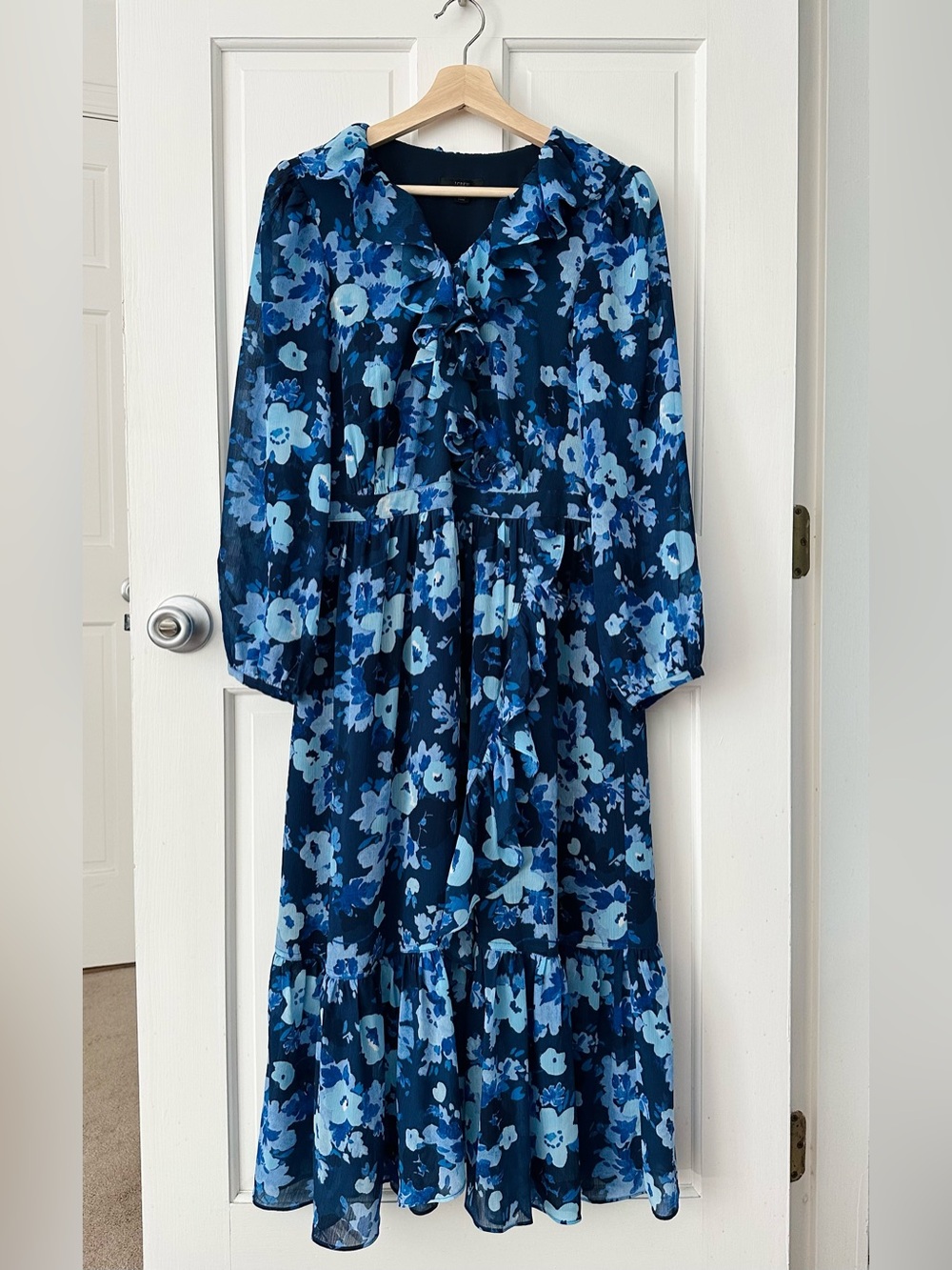 J. CREW Ruffle V-Neck Midi Dress Watercolor Begonias Meadows Blue Floral Size 10